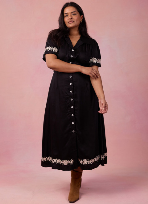 Este Black Embroidered Shirt Dress - Model Front
