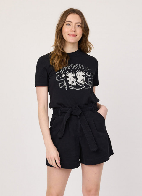 Lenny High Waist Shorts - Black - Matteo Howdy Cowgirl Graphic Slogan Tee - Model Front Close Up
